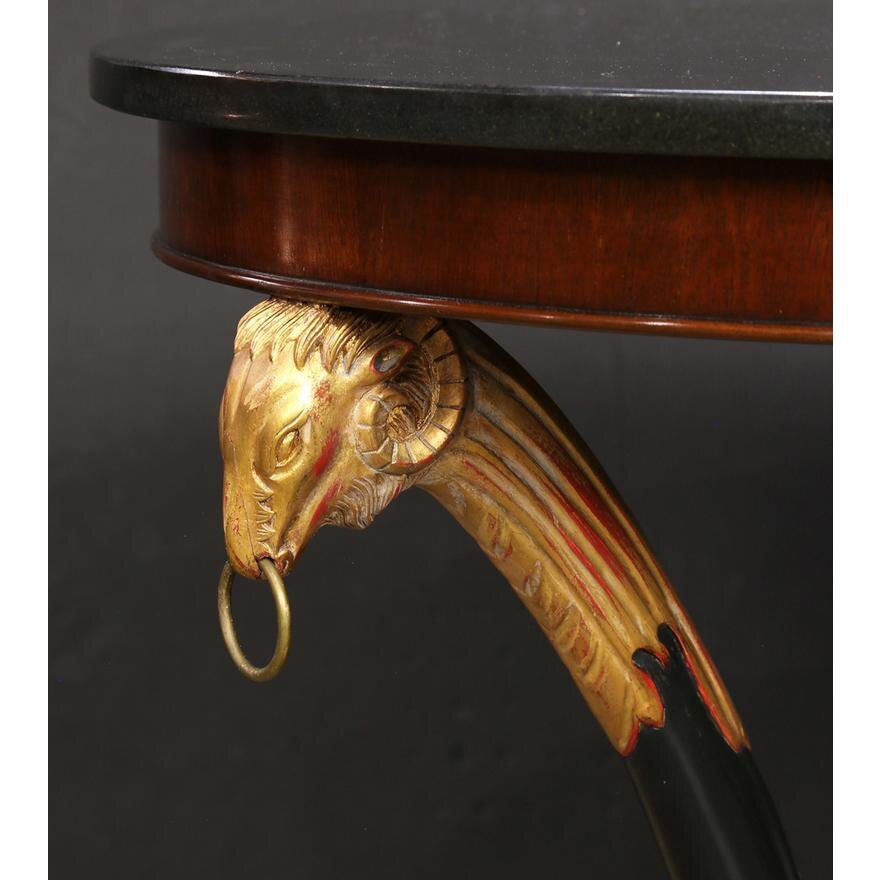 AF1-133: ANTIQUE PAIR OF LATE 20TH CENTURY  EMPIRE STYLE MARBLE TOP GILT AND EBONIZED GUERIDONS