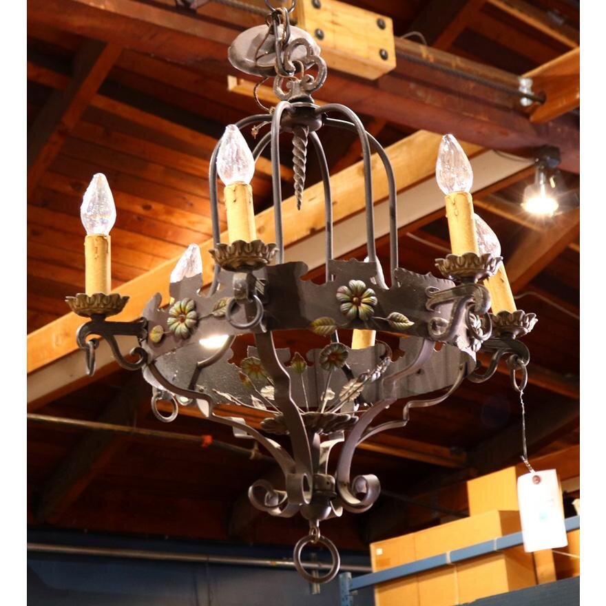 AL1-011: EARLY 20TH CENTURY ANTIQUE RENAISSANCE STYLE IRON SIX LIGHT CHANDELIER