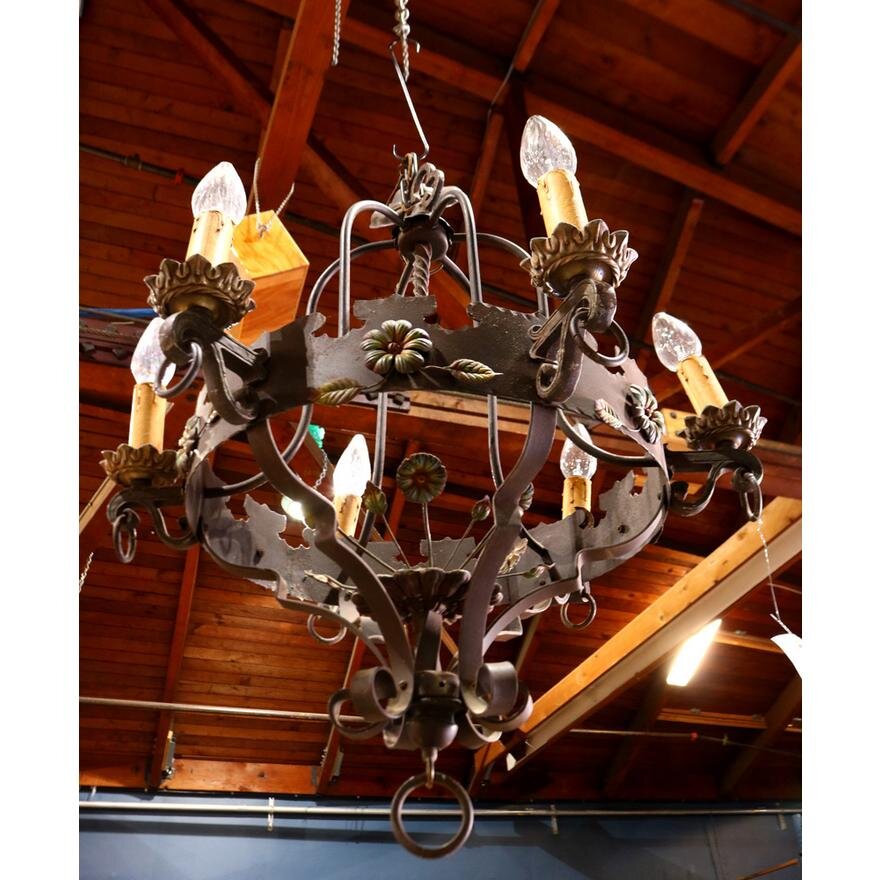 AL1-011: EARLY 20TH CENTURY ANTIQUE RENAISSANCE STYLE IRON SIX LIGHT CHANDELIER