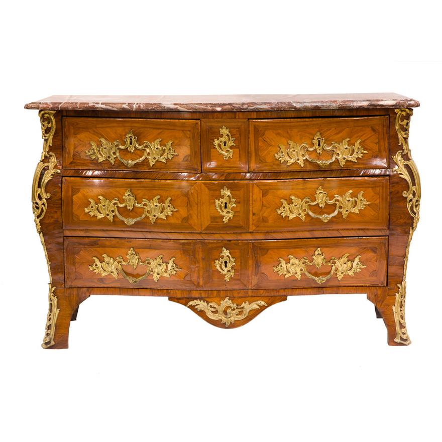ANTIQUE FRENCH REGENCE MARQUETRY MARBLE TOP CHEST | Work of Man