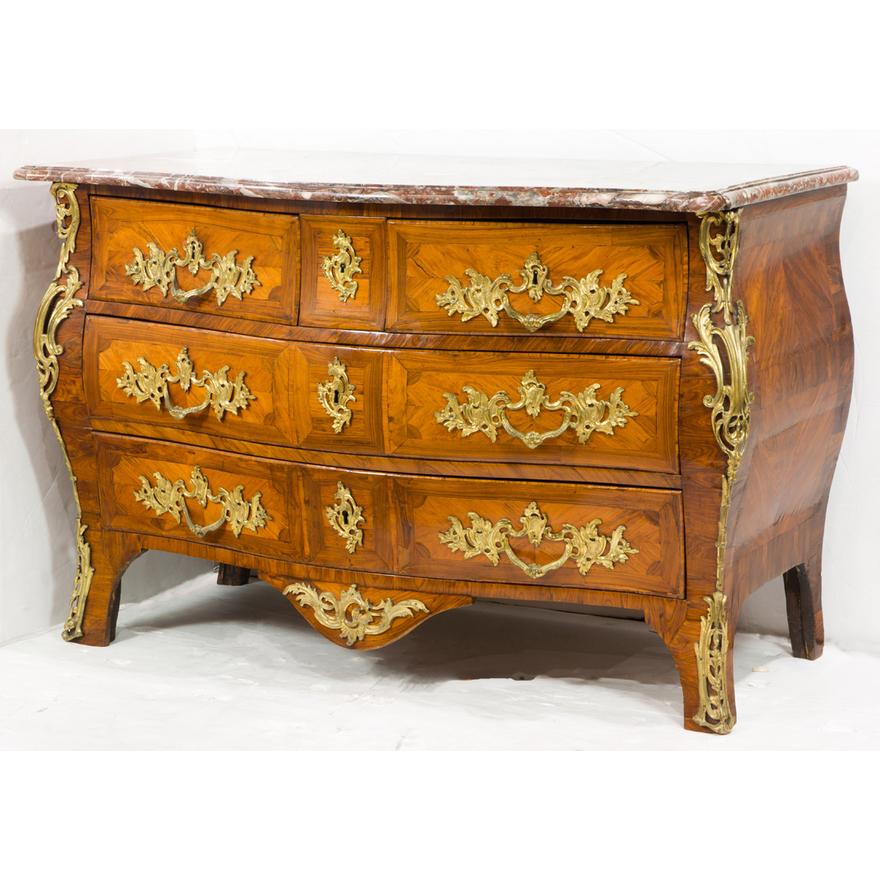 AF4-008: ANTIQUE EARLY 18TH CENTURY FRENCH REGENCE MARQUETRY WALNUT MARBLE TOP CHEST OF DRAWERS
