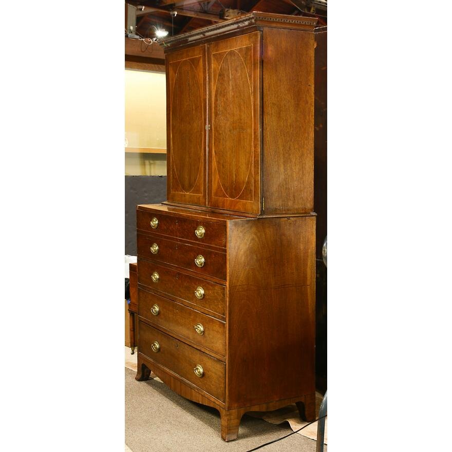 AF5-151: ANTIQUE EARLY 19TH CENTURY AMERICAN FEDERAL INLAID MAHOGANY STEP BACK BUTLER'S SECRETARY