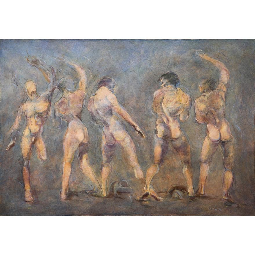 AW015 - NUDE MALE IN MOTION - D. KING - CIRCA 1994 - OIL ON CANVAS -
