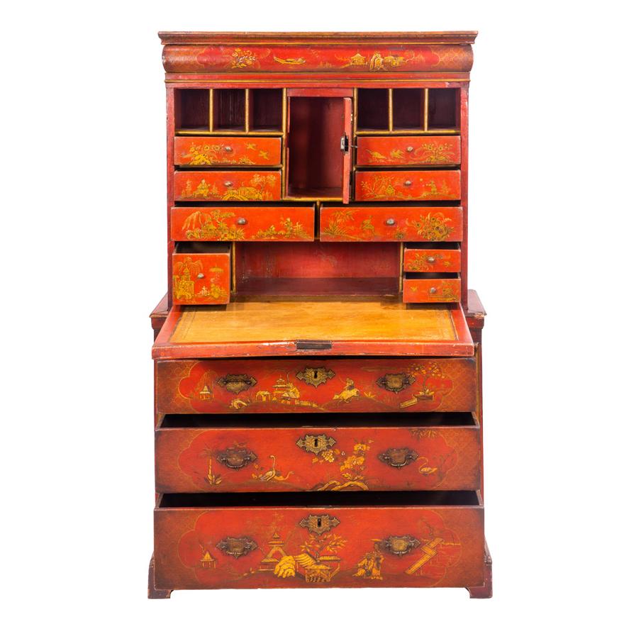 AF5-012: ANTIQUE GEORGIAN CHINOISERIE SECRETARY - 18TH CENTURY - RED LACQUER JAPANNED