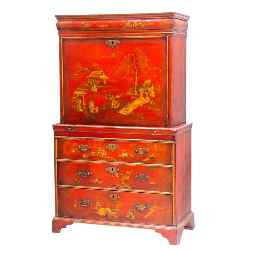 AF5-012: ANTIQUE GEORGIAN CHINOISERIE SECRETARY - 18TH CENTURY - RED LACQUER JAPANNED