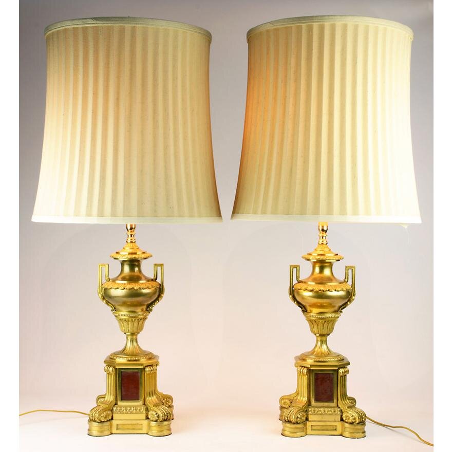 AL2-002: PAIR OF EARLY 20TH CENTURY FRENCH ORMOLU MOUNTED URN FORM LAMPS