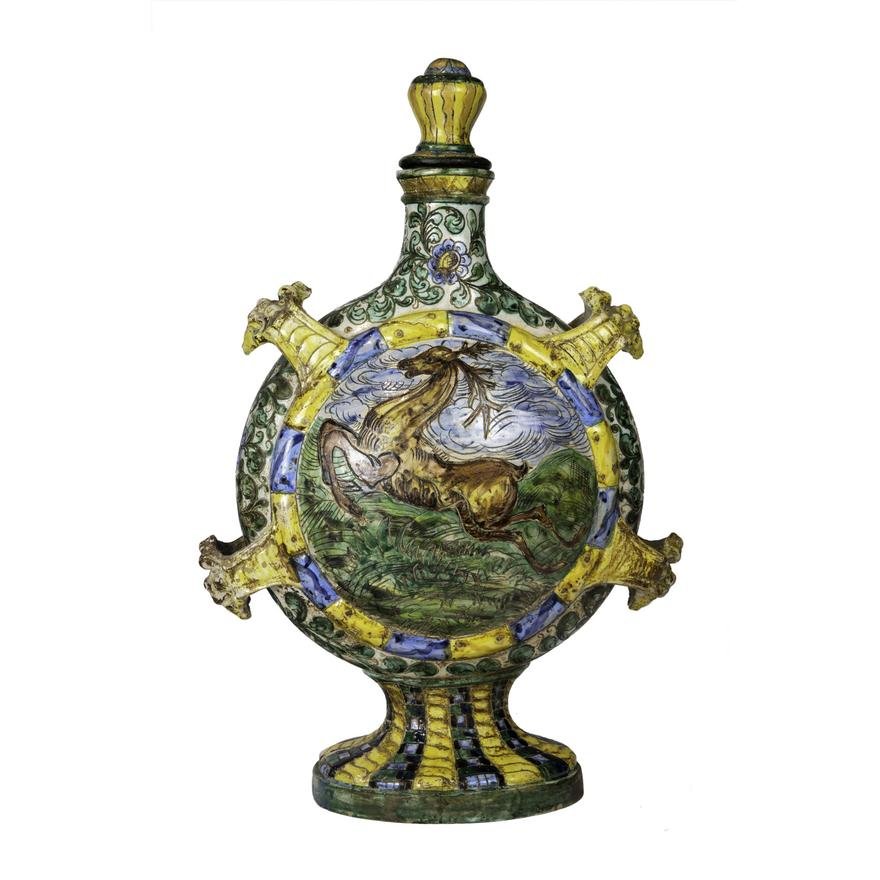 DA5-001: MONUMENTAL ITALIAN FAIENCE MAJOLICA BOTTLE WITH STOPPER