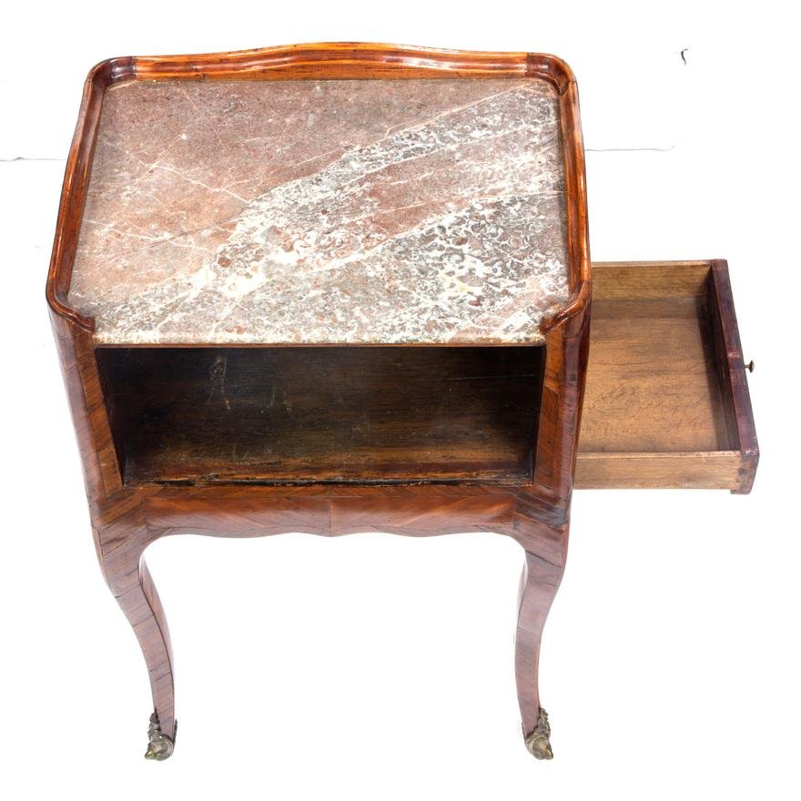 AF3-373: ANTIQUE LATE 18TH CENTURY FRENCH LOUIS XV MARBLE TOP COMMODE W/ KINGWOOD MARQUETRY