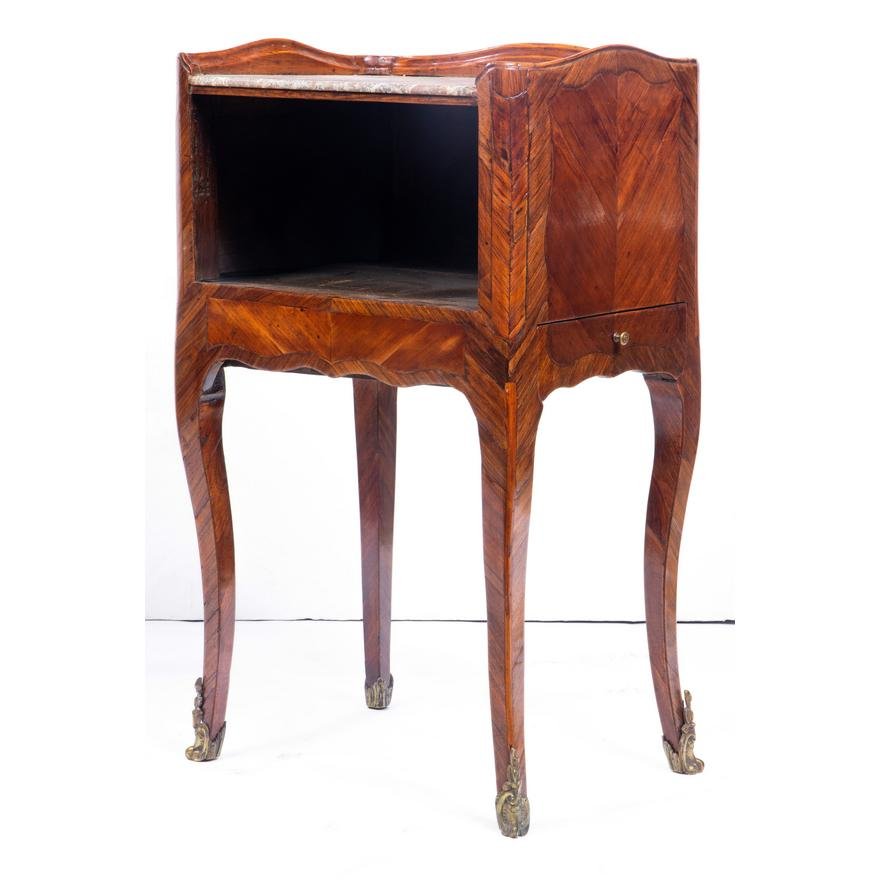 AF3-373: ANTIQUE LATE 18TH CENTURY FRENCH LOUIS XV MARBLE TOP COMMODE W/ KINGWOOD MARQUETRY