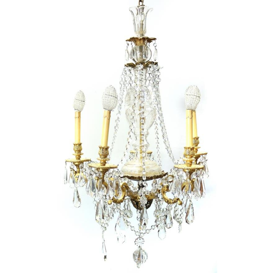 AL1-026: EARLY 20TH CENTURY FRENCH CRYSTAL & BRASS CHANDELIER