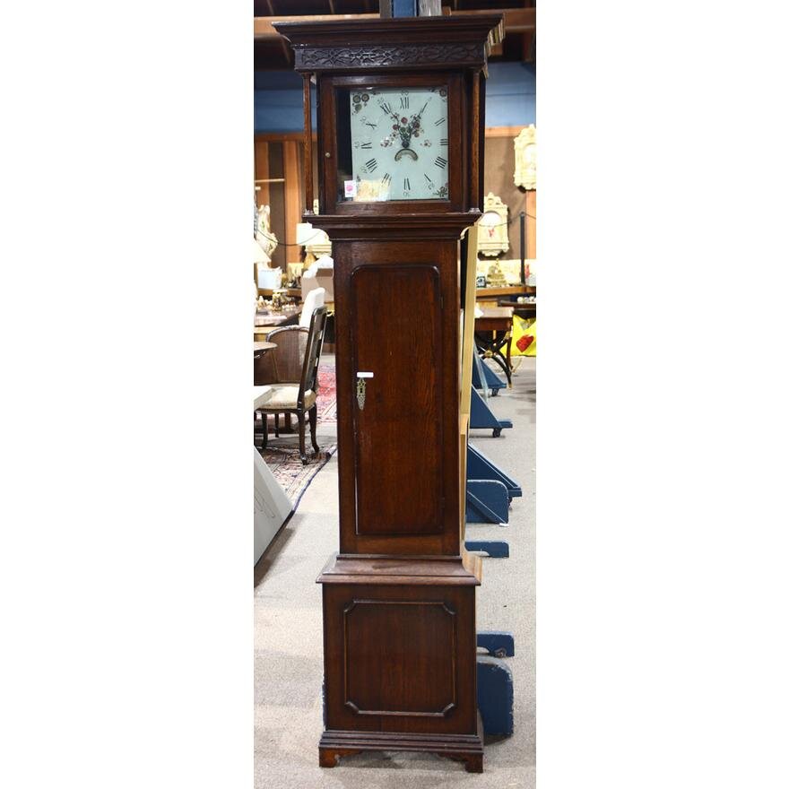 TK1-103: MID 18TH CENTURY ENGLISH GEORGE II OAK & MAHOGANY TALL CASE CLOCK