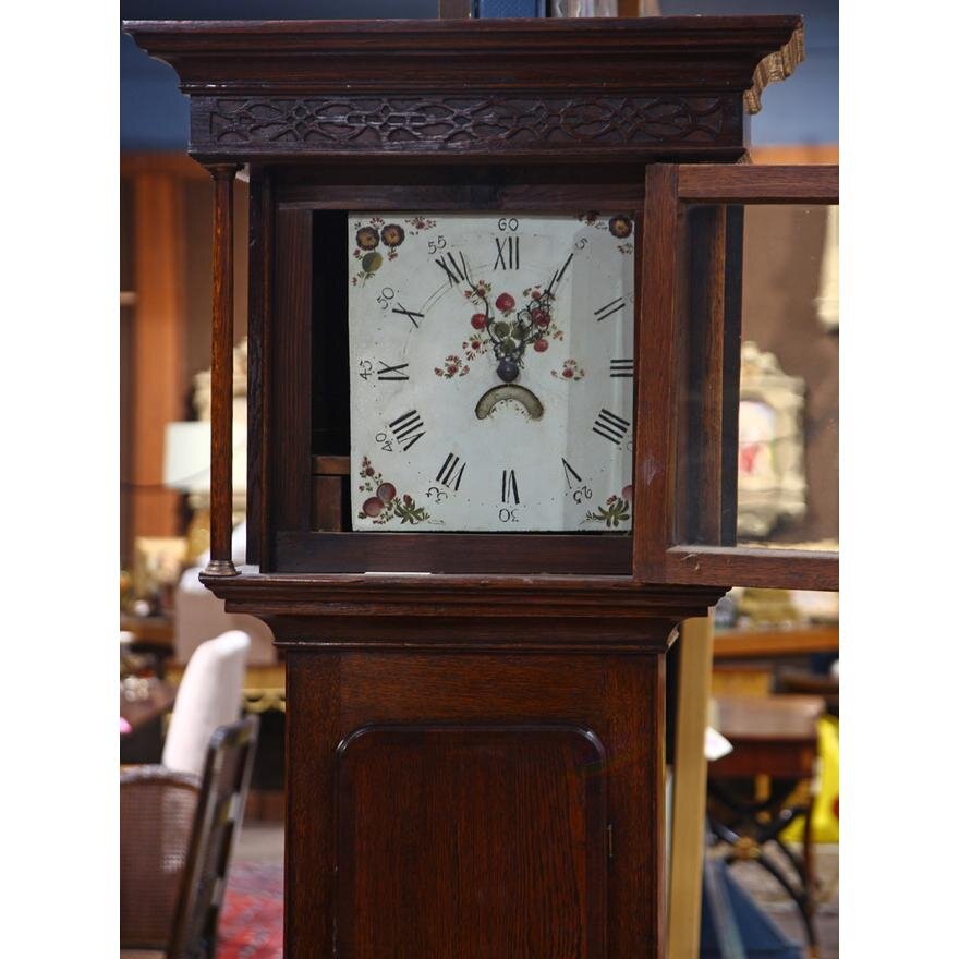 TK1-103: MID 18TH CENTURY ENGLISH GEORGE II OAK & MAHOGANY TALL CASE CLOCK