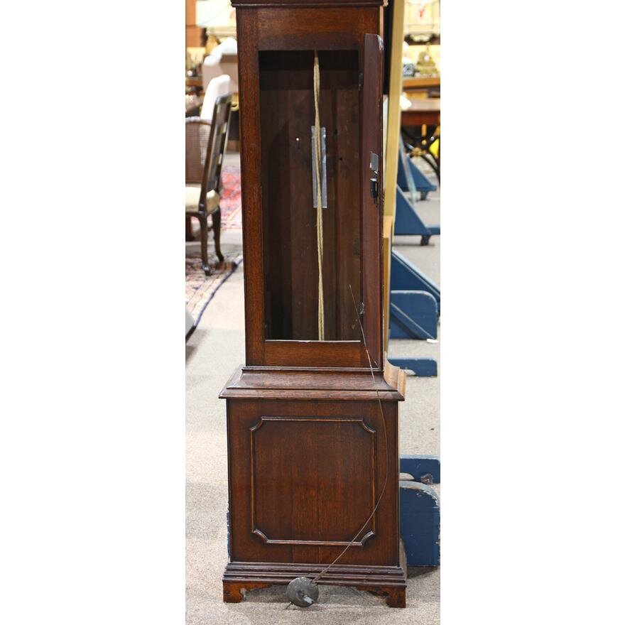 TK1-103: MID 18TH CENTURY ENGLISH GEORGE II OAK & MAHOGANY TALL CASE CLOCK