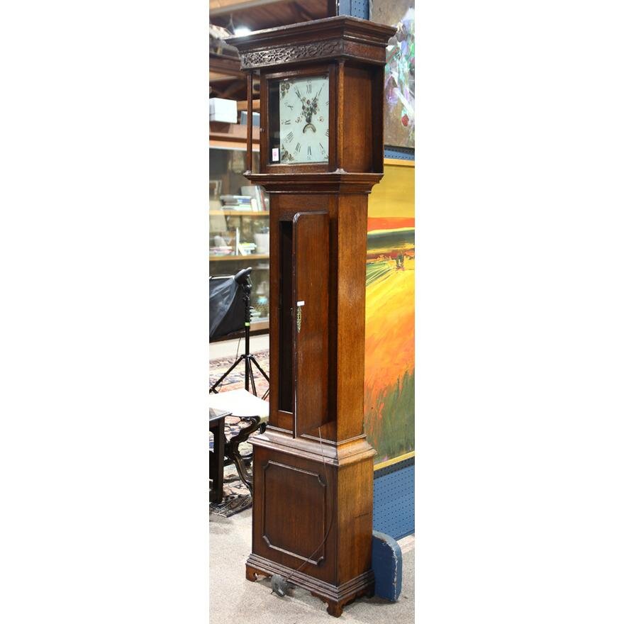 TK1-103: MID 18TH CENTURY ENGLISH GEORGE II OAK & MAHOGANY TALL CASE CLOCK