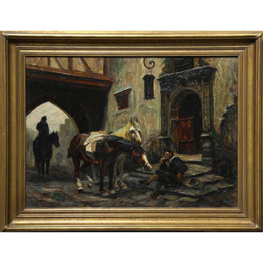 MAX OHMAYER - Street Scene with Figures and Horses - OIL ON CANVAS Painting | Work of Man