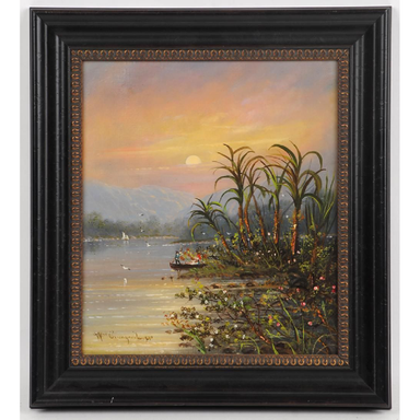 AWilliam Creaquile - Boats At Sunset - Oil on Canvas Painting | Work of Man