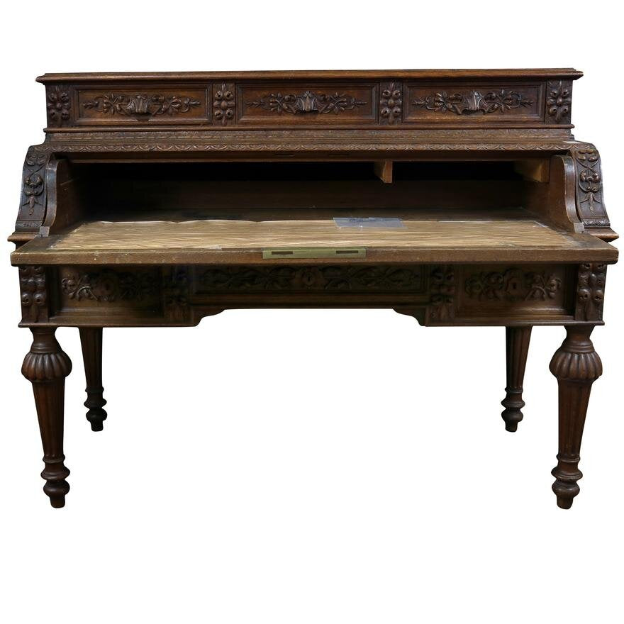 AF5-154: ANTIQUE MID 19TH CENTURY FRENCH RENAISSANCE REVIVAL STYLE CARVED ROLL TOP DESK