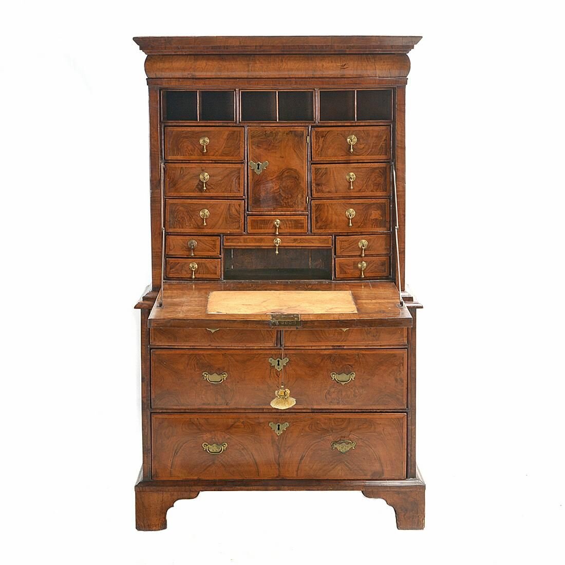 AF5-335: ANTIQUE LATE 18TH CENTURY WILLIAM AND MARY INLAID BURL WALNUT ESCRITOIRE FALL FRONT DESK