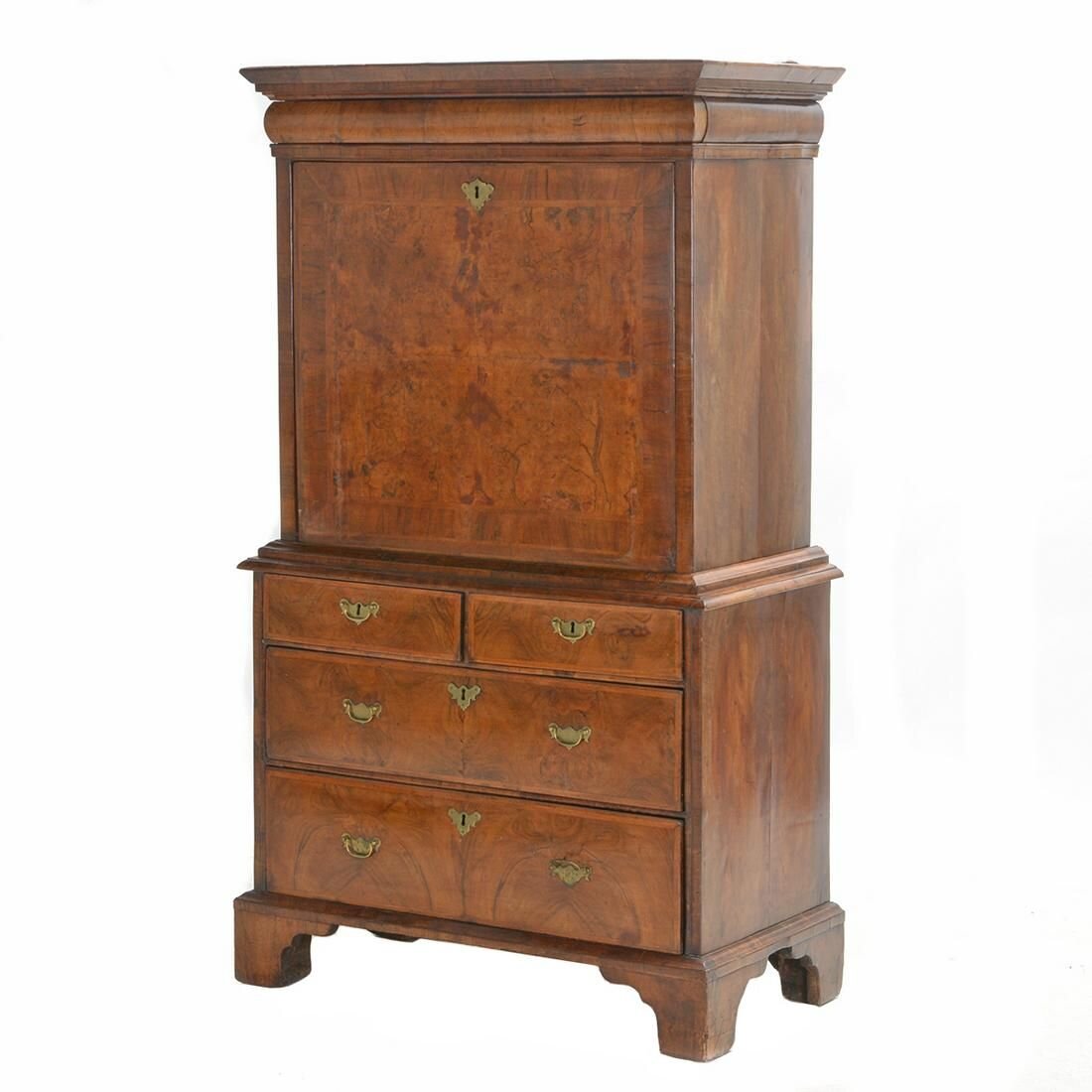 AF5-335: ANTIQUE LATE 18TH CENTURY WILLIAM AND MARY INLAID BURL WALNUT ESCRITOIRE FALL FRONT DESK