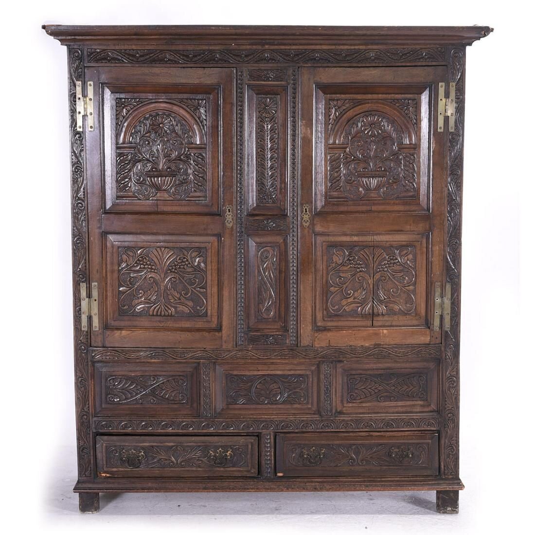 AF3338 17TH CENTRY ENGLISH JACOBEAN HIGHLY CARVED OAK ARMOIRE — Work