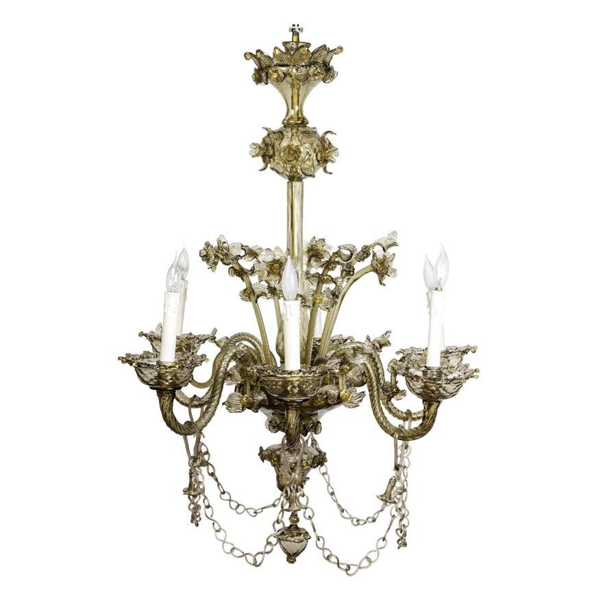 AL1-015: EARLY 20TH CENTURY MURANO SMOKY AMBER BLOWN 
GLASS SIX ARM CHANDELIER