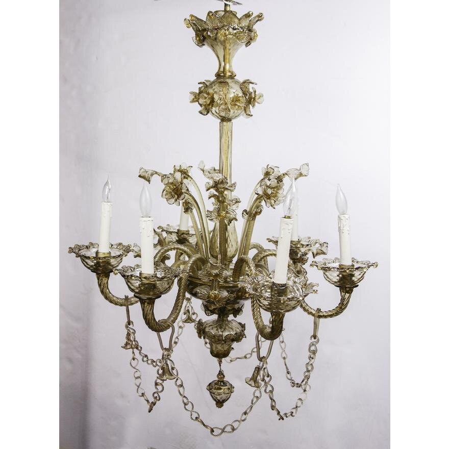 AL1-015: EARLY 20TH CENTURY MURANO SMOKY AMBER BLOWN 
GLASS SIX ARM CHANDELIER