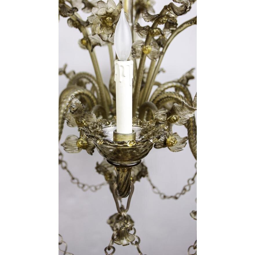 AL1-015: EARLY 20TH CENTURY MURANO SMOKY AMBER BLOWN 
GLASS SIX ARM CHANDELIER