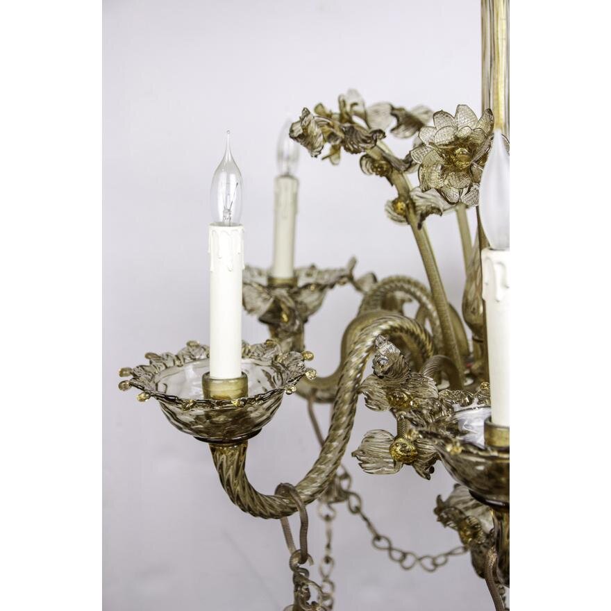 AL1-015: EARLY 20TH CENTURY MURANO SMOKY AMBER BLOWN 
GLASS SIX ARM CHANDELIER