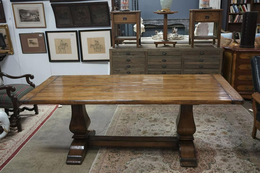 AF1-242:  Late 20th Century Walnut Stained Trestle-Base Dining Table