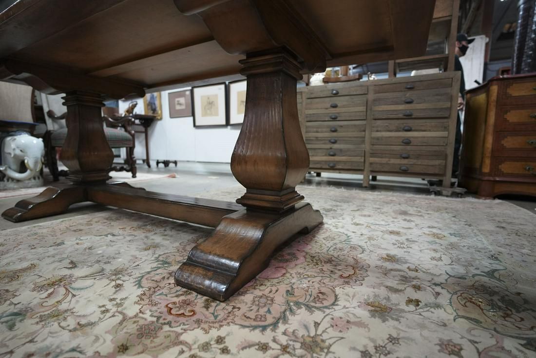 AF1-242:  Late 20th Century Walnut Stained Trestle-Base Dining Table