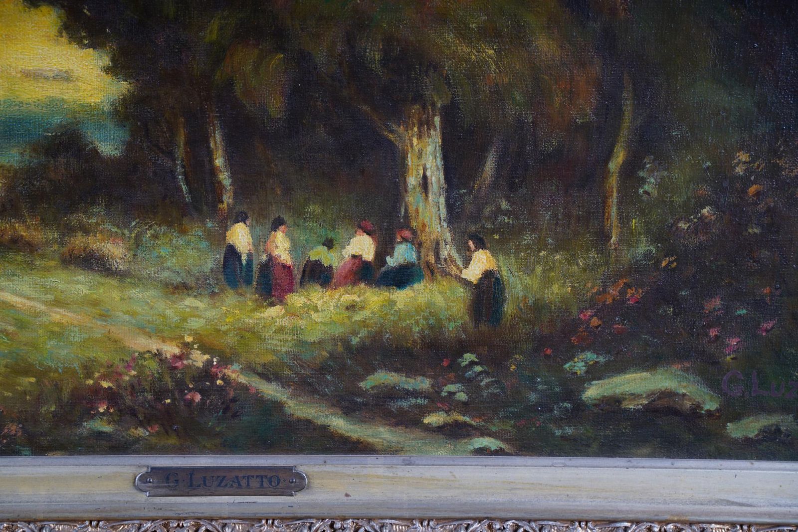 AW495: G. LUZATTO - LATE 19TH C ITALIAN LANDSCAPE WITH FIGURES - OIL ON CANVAS