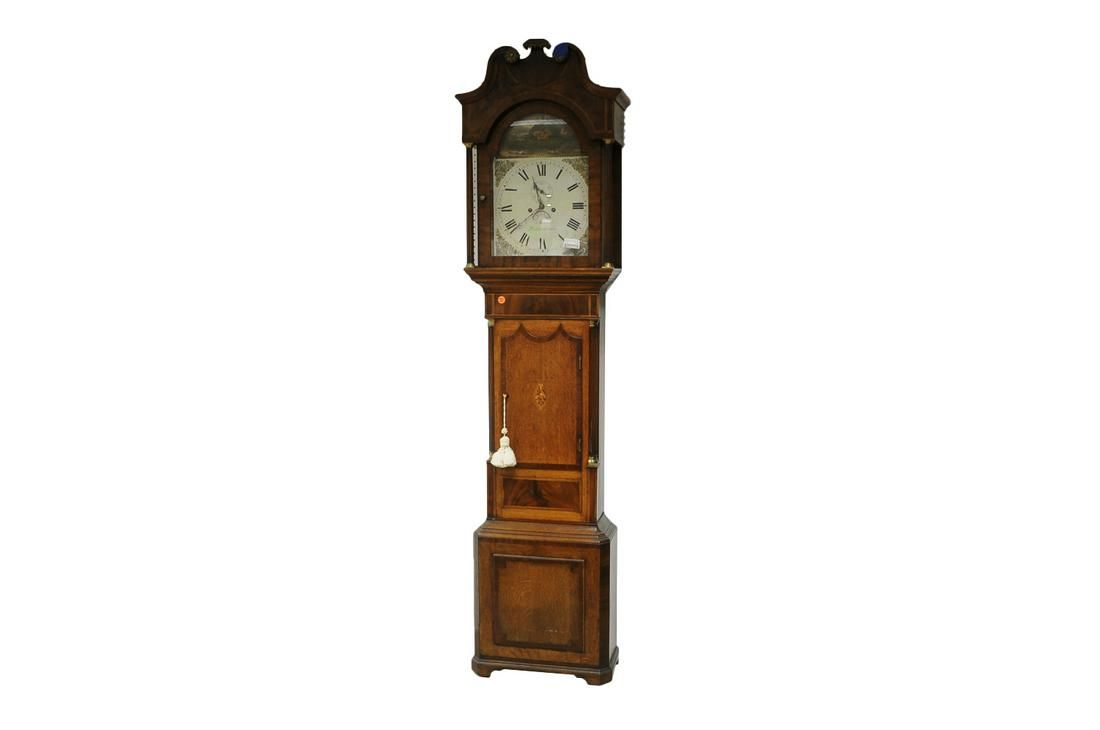 TK1-107: LATE 18TH CENTURY ENGLISH GEORGE III MAHOGANY & OAK TALL CASE CLOCK