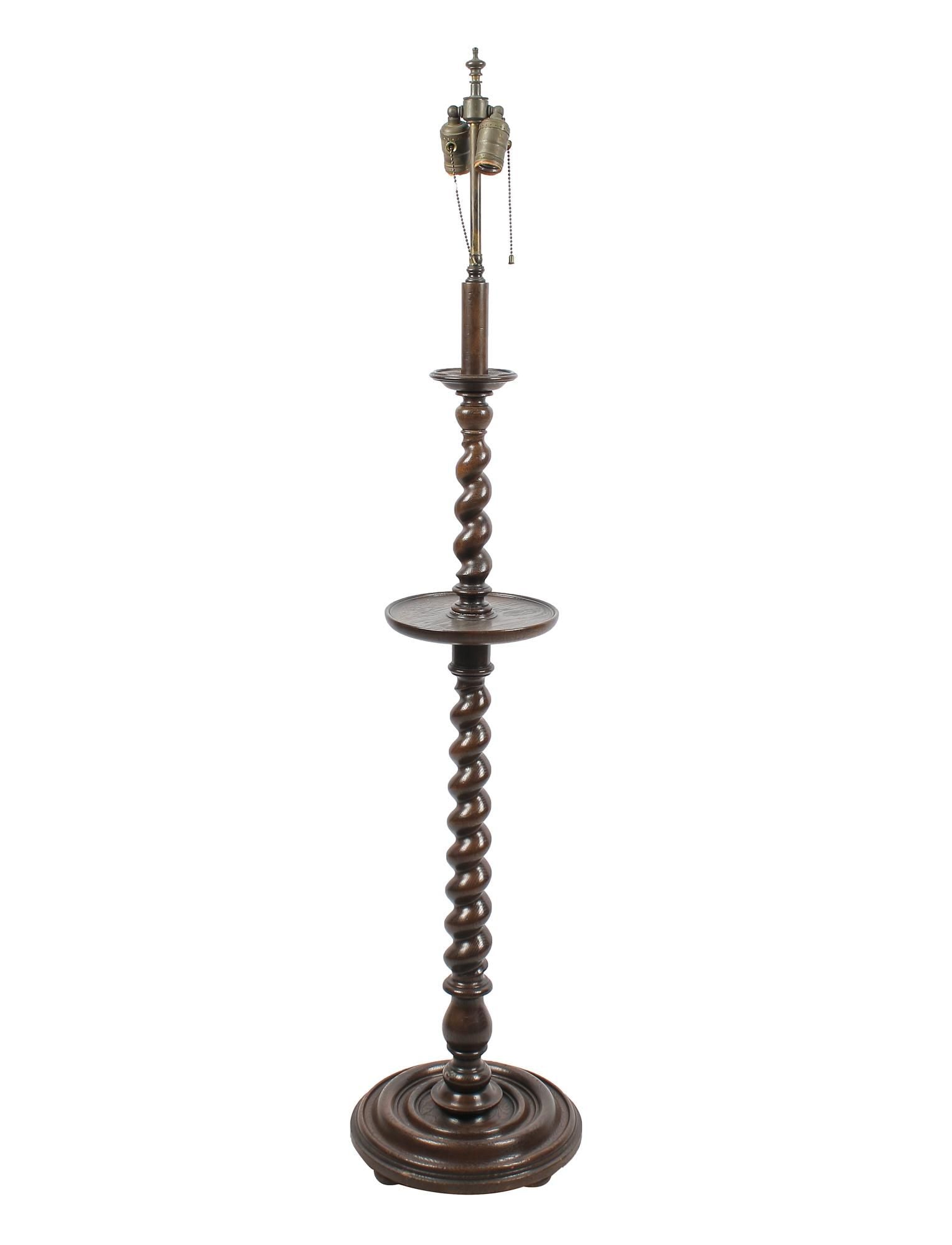 AL2-020: Early 19th C Barley Twist Carved Oak Floor Lamp