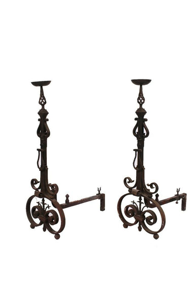 Antique Hand Forged Wrought Iron Spanish Andirons | Work of Man