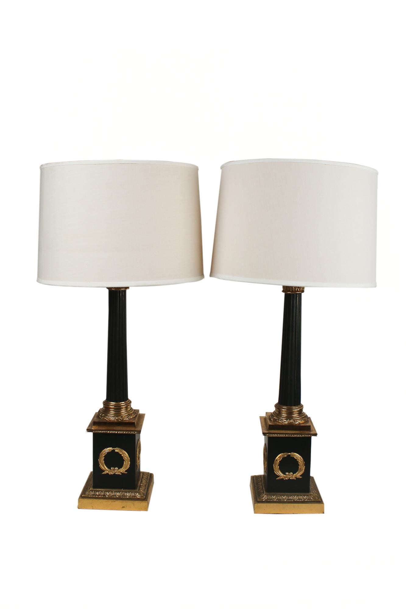 AL2-007: PAIR OF C 1940'S GILT METAL CORINTHIAN COLUMNAR LAMPS