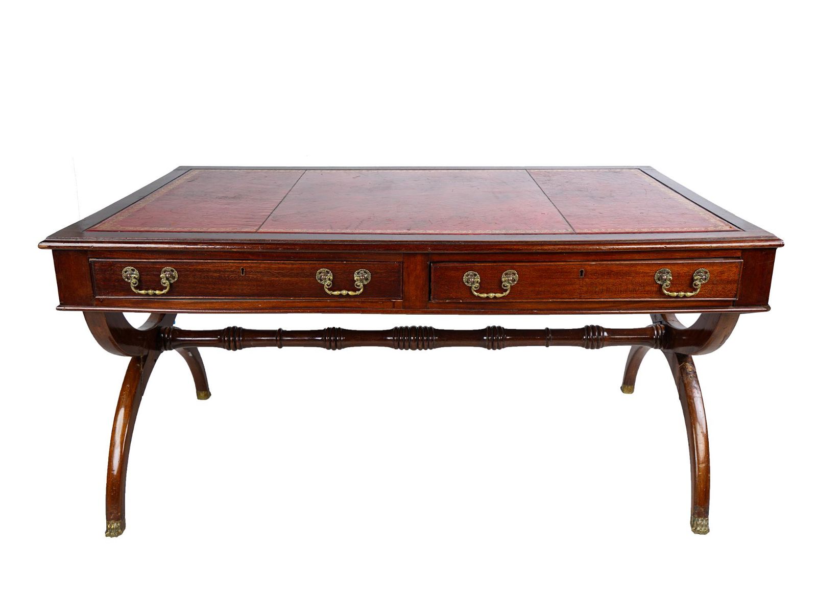 AF5-135: Antique Early 20th C English Regency Classical Style Mahogany Leather Top Writing Desk w/ 2 Drawers