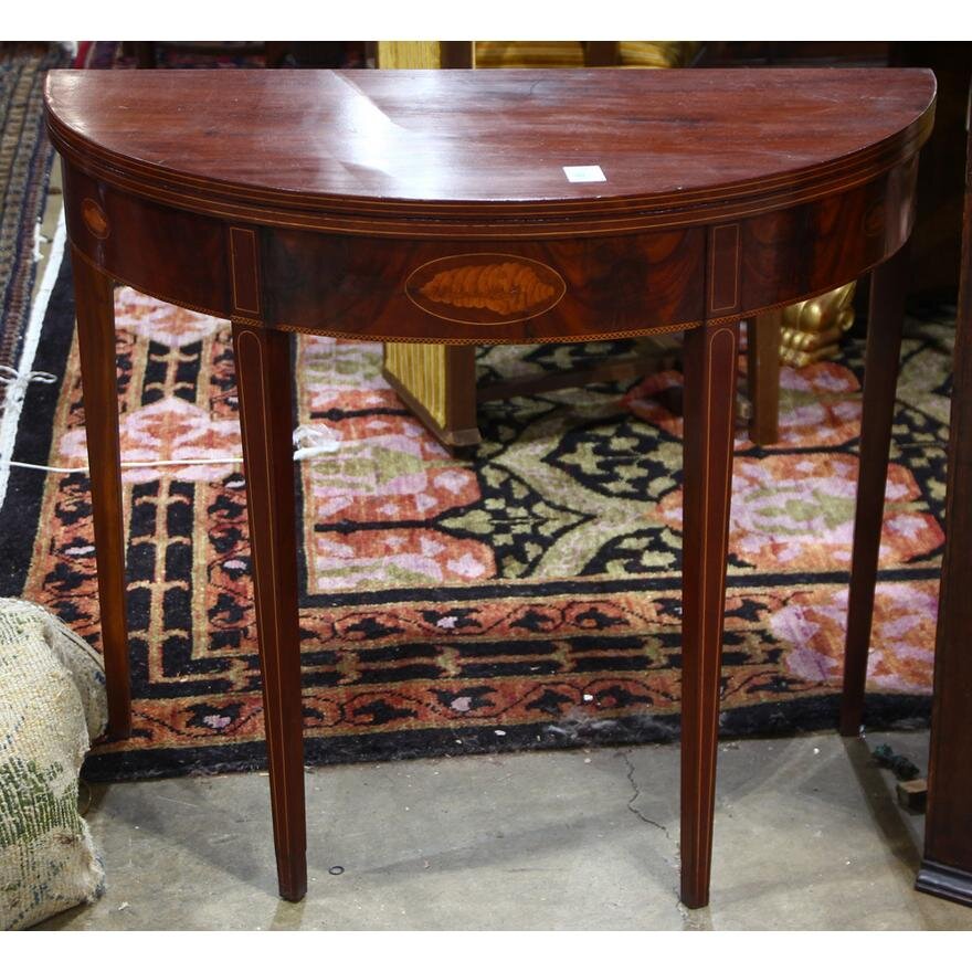 AF1-135: ANTIQUE EARLY 19TH CENTURY AMERICAN FEDERAL STYLE MARQUETRY DECORATED DEMILUNE CARD TABLE