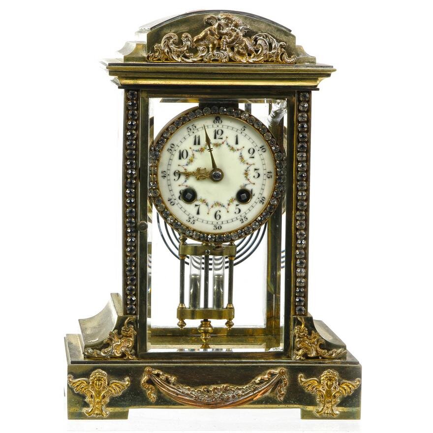 TK2-107: 19TH CENTURY FRENCH GILT BRASS AND JEWELED MANTEL CLOCK, THE MOVEMENT BY JAPY FRERES