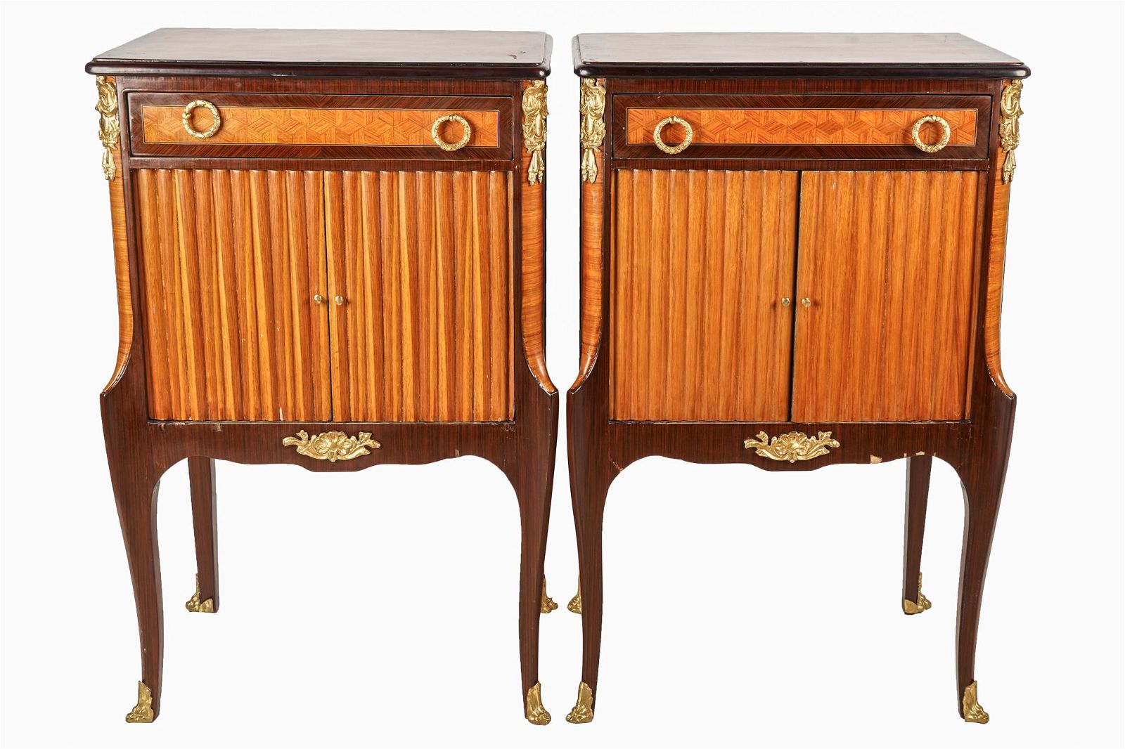 AF4-010: Antique Pair French Louis XV / XVI Transitional Style Chests w/ Inlay Marquetry c.1920