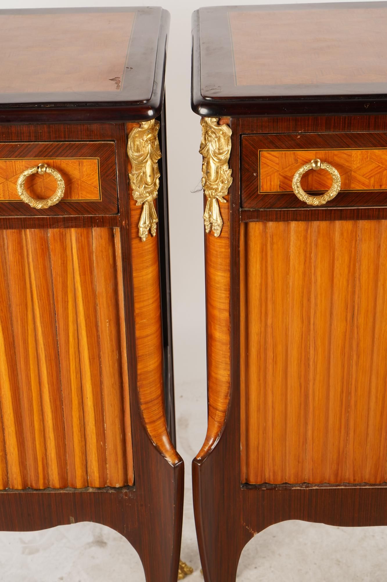 AF4-010: Antique Pair French Louis XV / XVI Transitional Style Chests w/ Inlay Marquetry c.1920