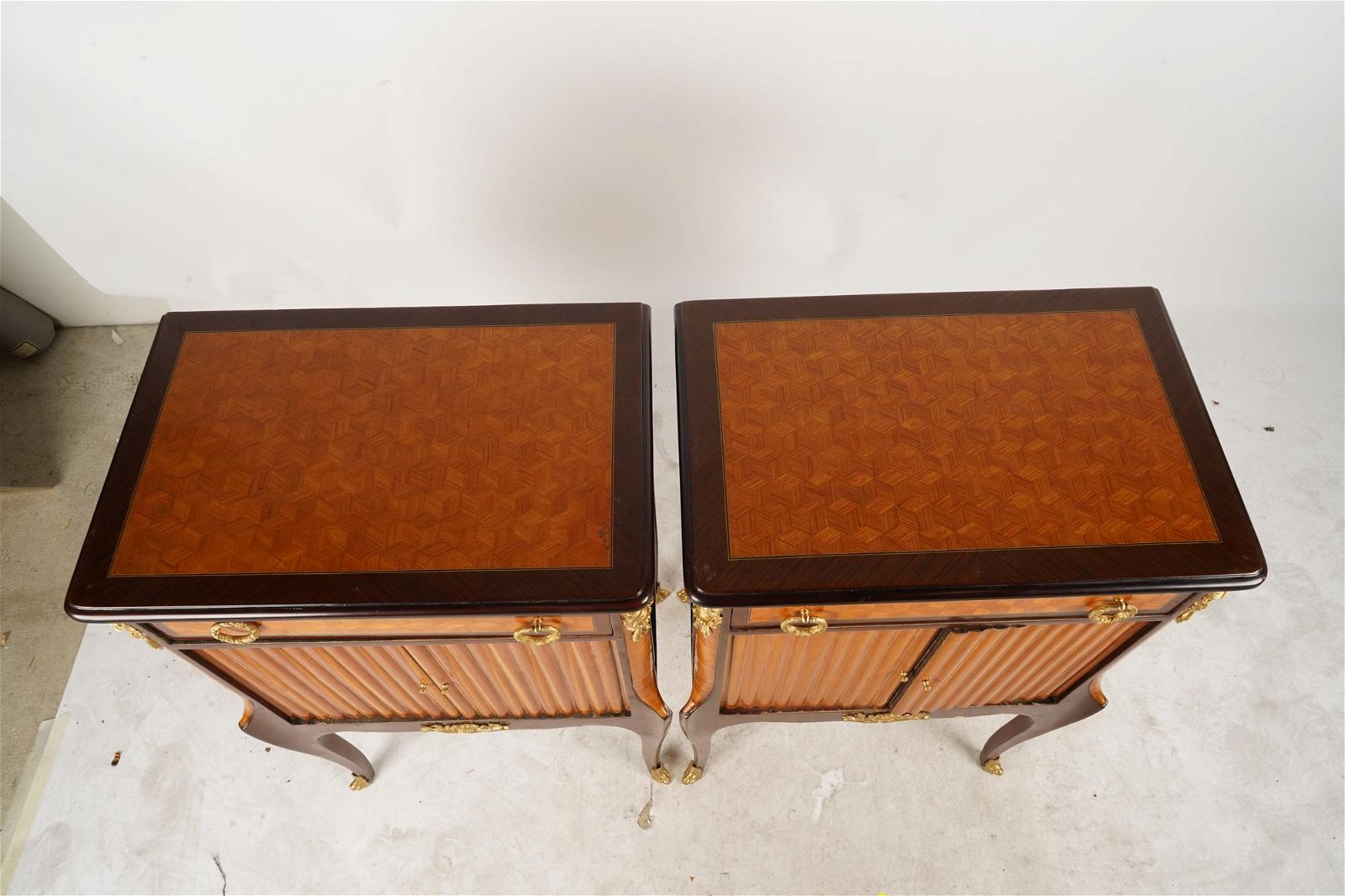 AF4-010: Antique Pair French Louis XV / XVI Transitional Style Chests w/ Inlay Marquetry c.1920