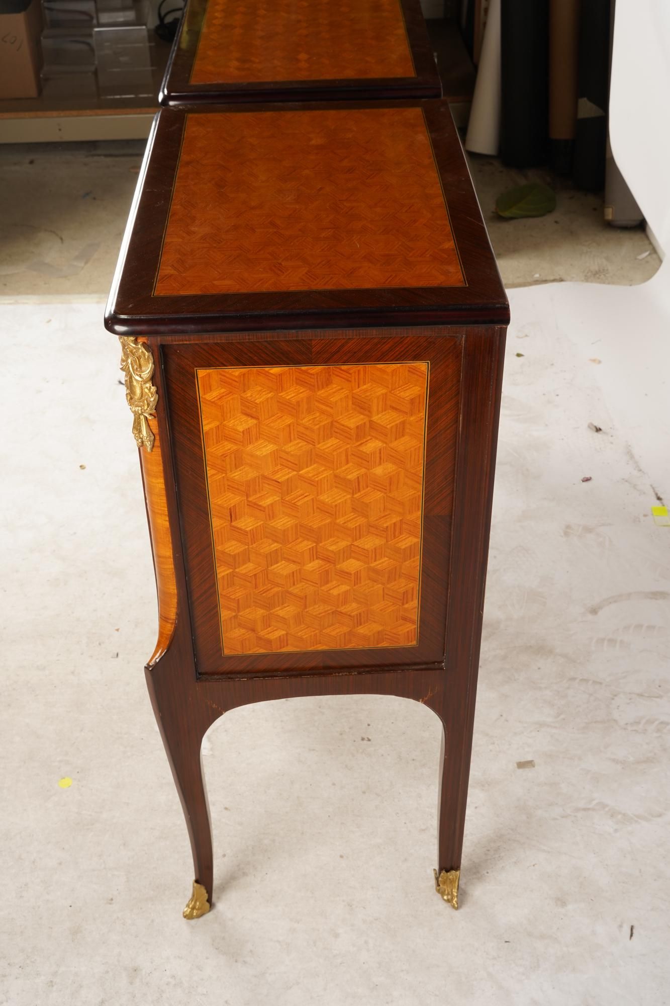 AF4-010: Antique Pair French Louis XV / XVI Transitional Style Chests w/ Inlay Marquetry c.1920