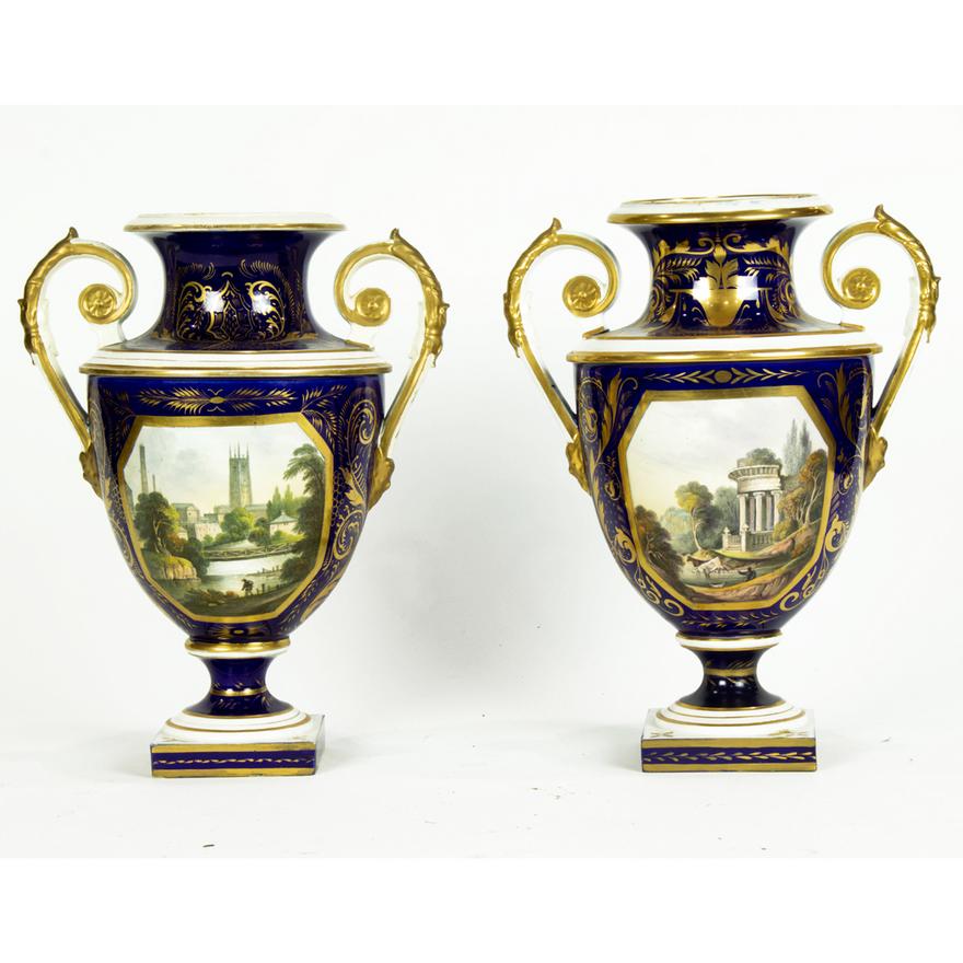 DA5-004: PAIR MID 19TH CENTURY DERBY PORCELAIN TOPOGRAPHICAL URNS