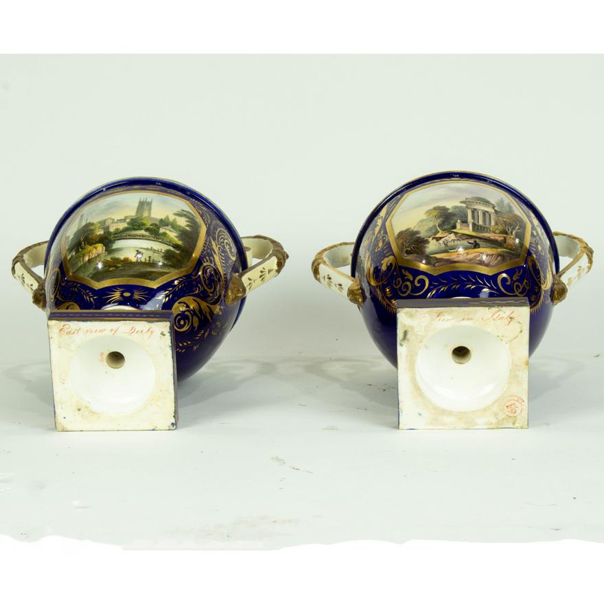 DA5-004: PAIR MID 19TH CENTURY DERBY PORCELAIN TOPOGRAPHICAL URNS