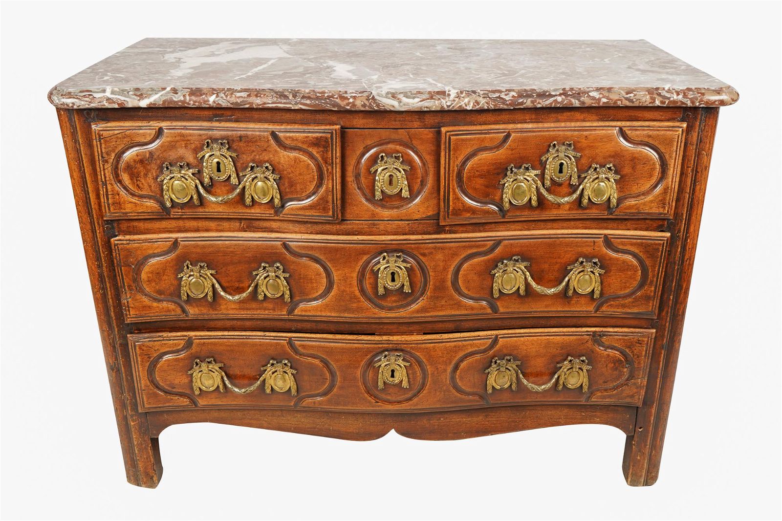 AF4-012: ANTIQUE LATE 18TH CENTURY FRENCH LOUIS XIV STYLE WALNUT MARBLE TOP CHEST OF DRAWERS