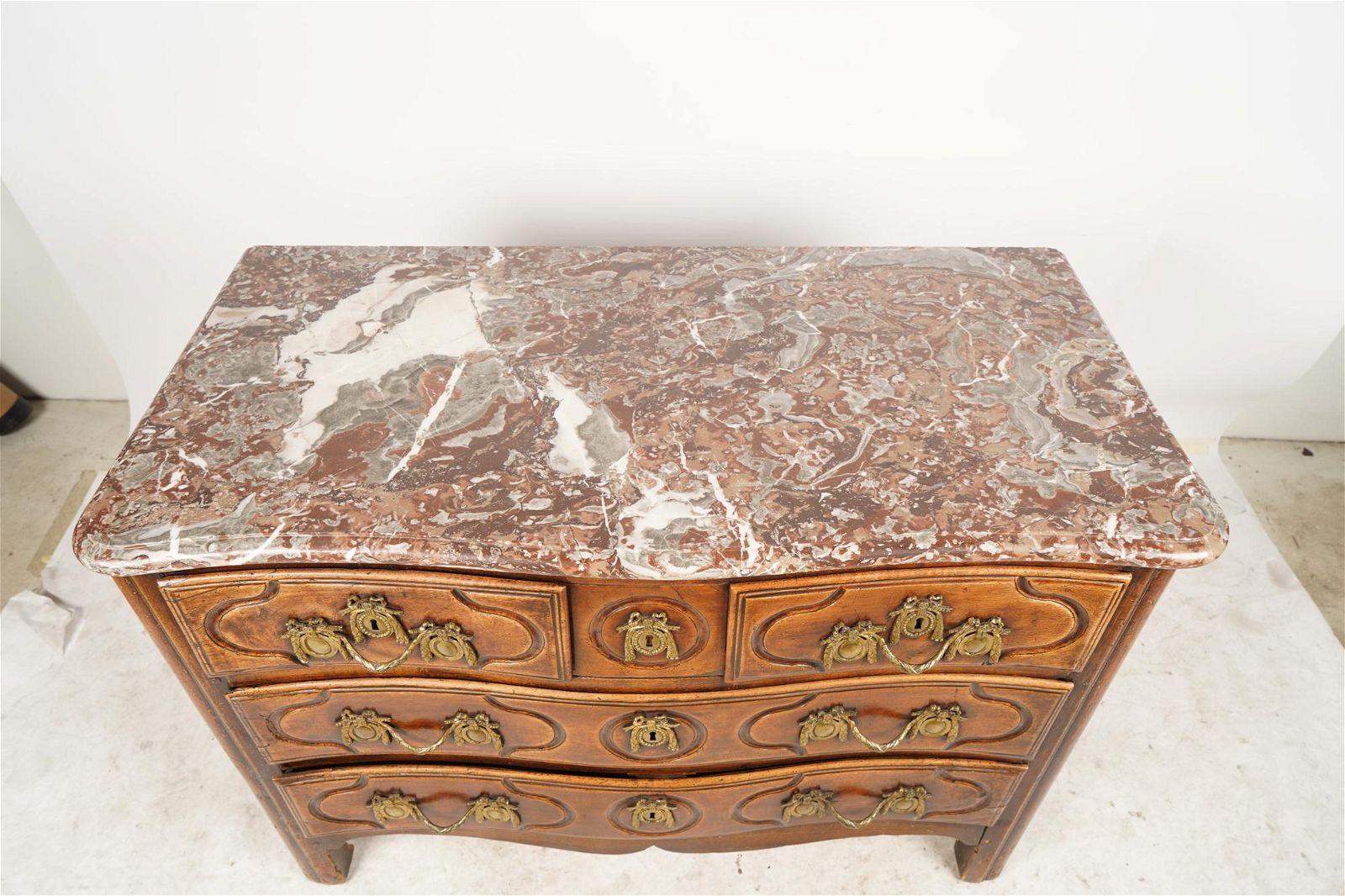 AF4-012: ANTIQUE LATE 18TH CENTURY FRENCH LOUIS XIV STYLE WALNUT MARBLE TOP CHEST OF DRAWERS