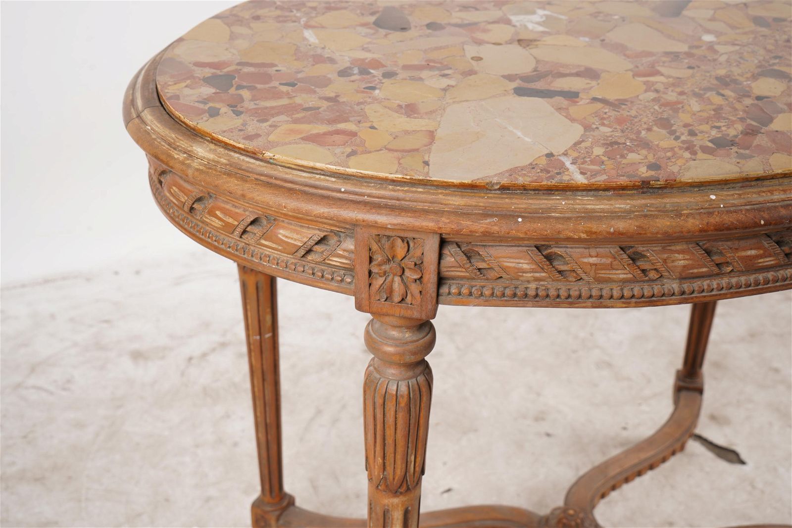 AF1-010:  ANTIQUE LATE 19TH CENTURY LOUIS XVI STYLE BEECHWOOD FRENCH MARBLE-INSET SALON SIDE TABLE