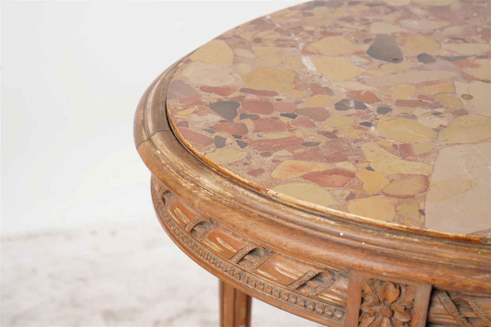 AF1-010:  ANTIQUE LATE 19TH CENTURY LOUIS XVI STYLE BEECHWOOD FRENCH MARBLE-INSET SALON SIDE TABLE