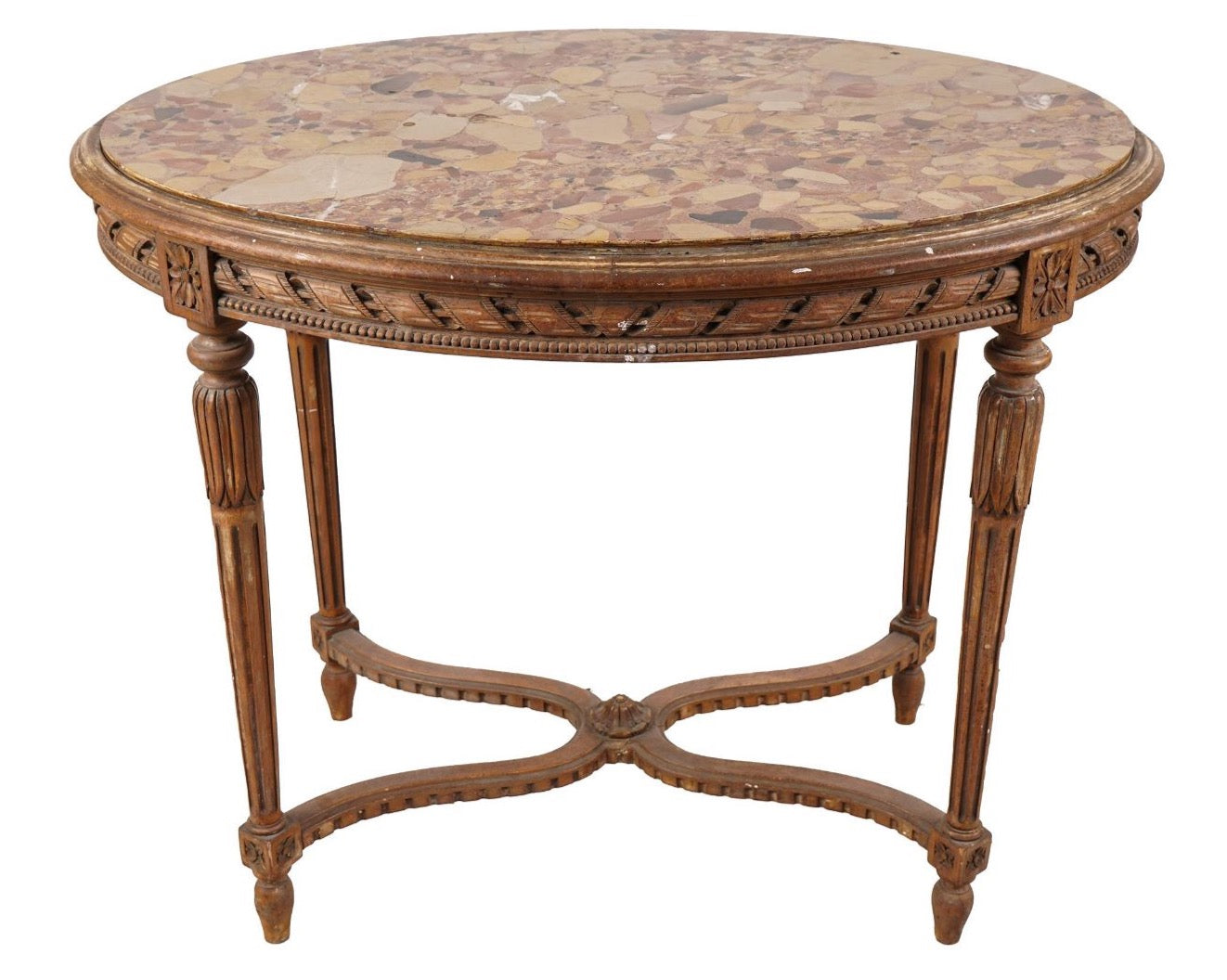 AF1-010:  ANTIQUE LATE 19TH CENTURY LOUIS XVI STYLE BEECHWOOD FRENCH MARBLE-INSET SALON SIDE TABLE