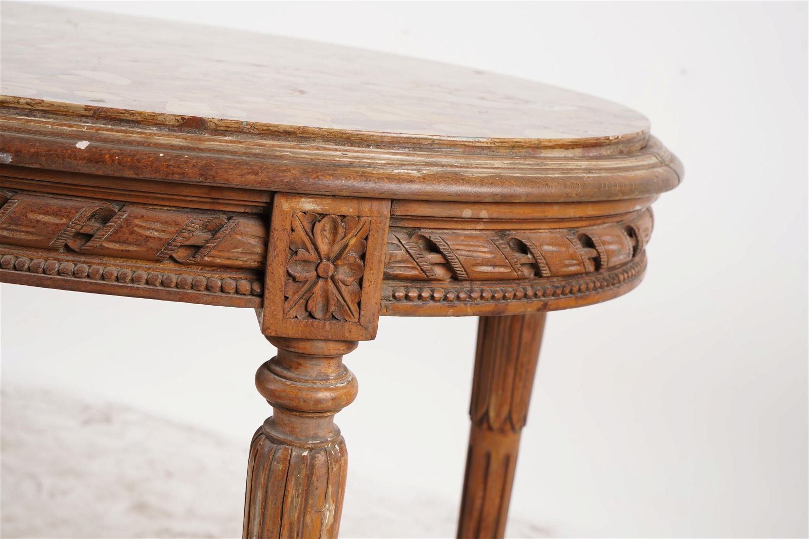 AF1-010:  ANTIQUE LATE 19TH CENTURY LOUIS XVI STYLE BEECHWOOD FRENCH MARBLE-INSET SALON SIDE TABLE